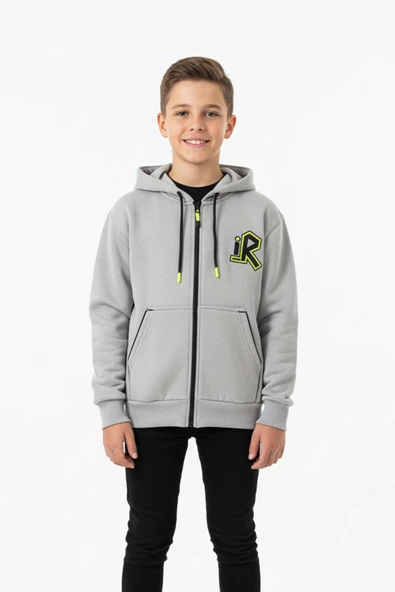 Kapüşonlu Fermuarlı Yandan Cepli Baskılı %100 Pamuk 2 İplik Mevsimlik Erkek Çocuk Sweatshirt ürün görseli 1