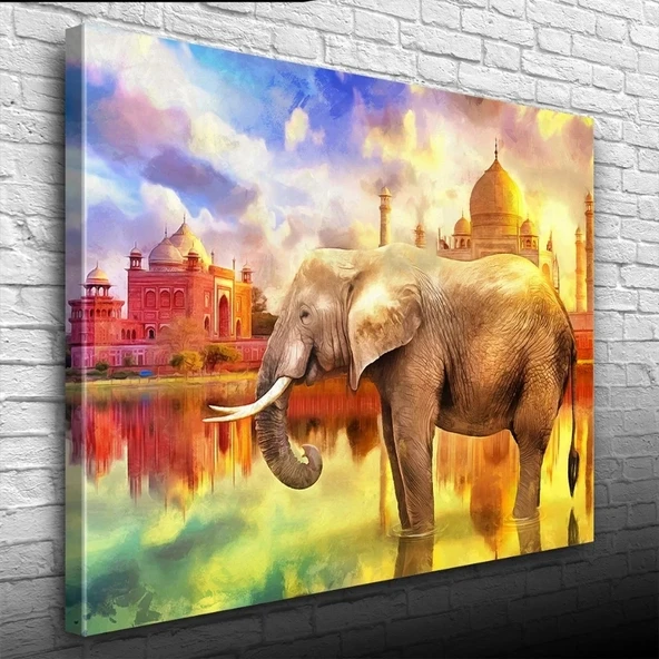 Fil ve  Arkada Geleneksel Hint Yapıları Kanvas Tablo 50 x 70 ürün görseli 1