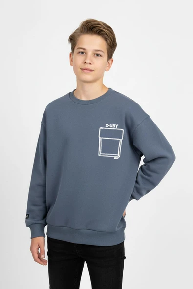 Baskı Detaylı Bisiklet Yaka Erkek Çocuk Sweatshirt ürün görseli 1