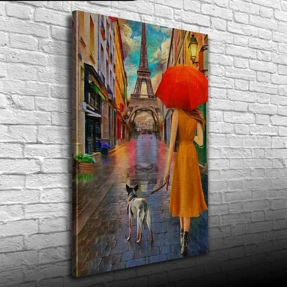 Eyfel Kulesi önünde Kırmızı Şemsiyeli Kadın Yağlıboya Kanvas Tablo 50 x 70 ürün görseli 1