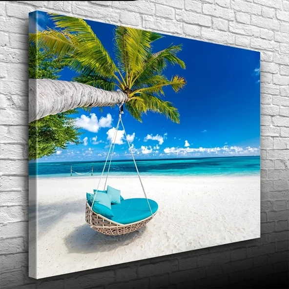 Kumsal Mavi Salıncak, Deniz ve Palmiyeler Kanvas Tablo 50 x 70 ürün görseli 1