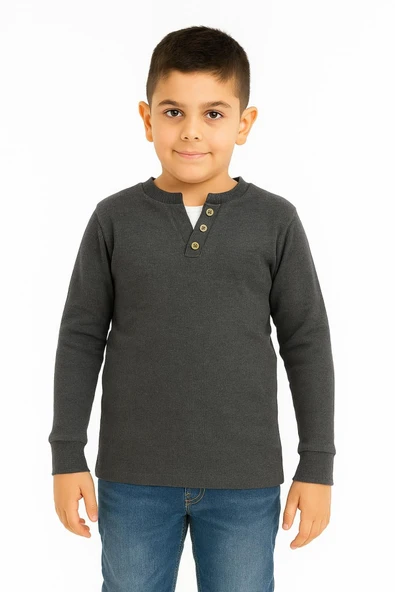Düğme Detaylı Mevsimlik Uzun Kollu Kaşkorse Kumaş Sweatshirt Füme Renk Erkek Çocuk ürün görseli 1