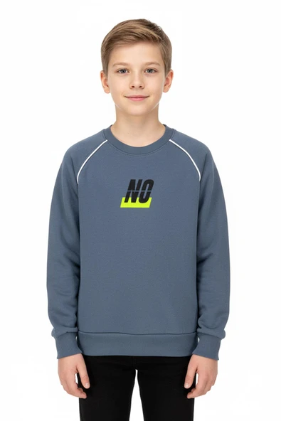 No Baskılı Kapşonsuz Rahat İndigo Renk Erkek Çocuk Sweatshirt ürün görseli 1