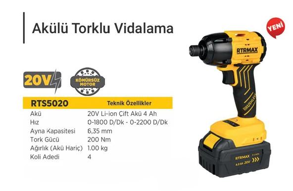 RTRMAX S-LION AKÜLÜ TORKLU VIDALAMA KÖMÜRSÜZ 200Nm 2x4 Ah AKÜ ürün görseli 1