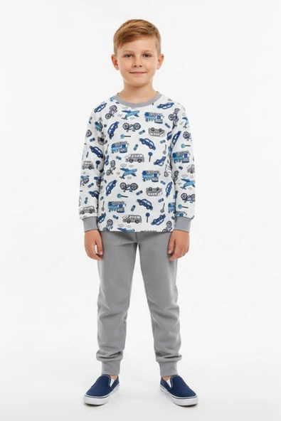 Araba ve Bisiklet Desenli Uzun Kollu Mevsimlik Erkek Çocuk Pamuk Pijama Takımı ürün görseli 1