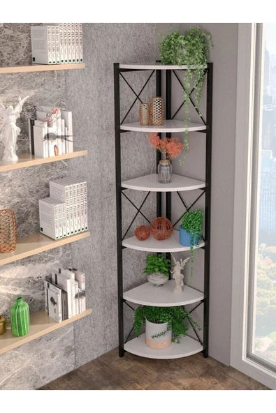 Kitaplık Çiçeklik 6 Raflı Beyaz Çok Amaçlı Stand Altı Bölmeli 160*30*43 ürün görseli 1