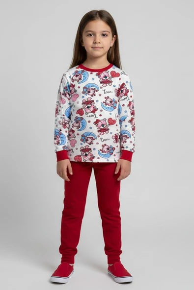 Ayıcık ve Ay Desenli Uzun Kollu Mevsimlik Pamuk Kız Çocuk Pijama Takımı ürün görseli 1