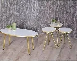 Zigon Sehpa Ve Orta Sehpa Elips Set  Altın Metal Ayak Altın Beyaz ürün görseli 1
