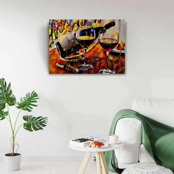 Şarap Şişesi ve Kadehler Kanvas Tablo 50 x 70 - Resim 2