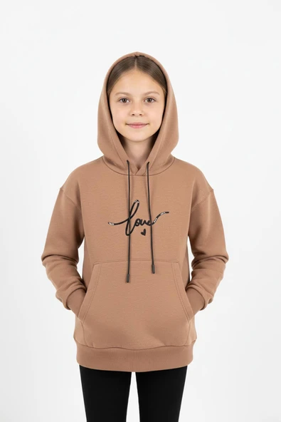 Kapşonlu Love Baskılı Kanguru Cepli Kız Çocuk Sweatshirt ürün görseli 1