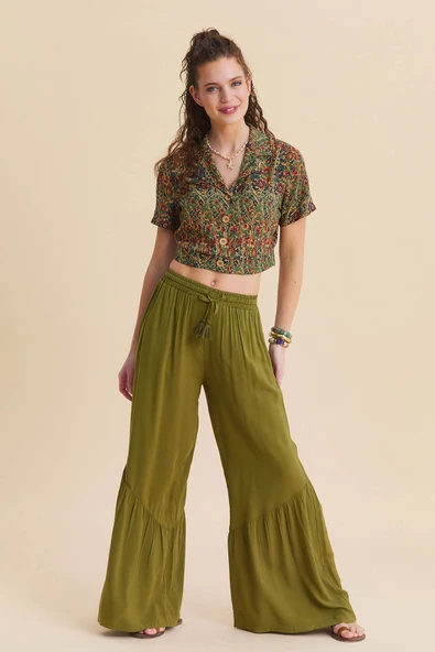 Beli Bağcıklı Volanlı Cepli Bol Paça Pantolon ürün görseli 1
