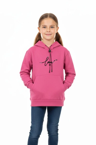 Kapşonlu Love Baskılı Kanguru Cepli Kız Çocuk Sweatshirt ürün görseli 1