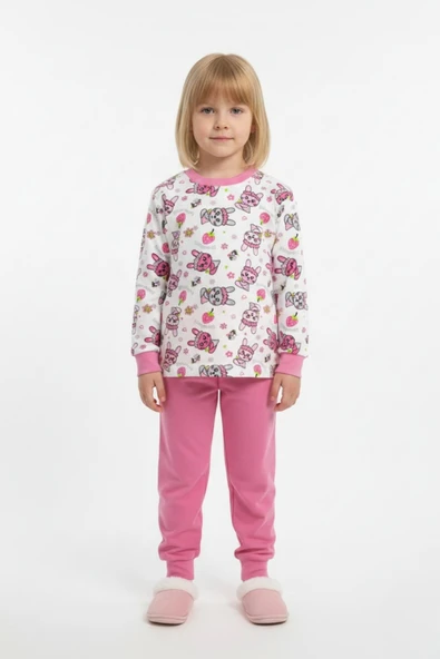 Tavşan Desenli Uzun Kollu Mevsimlik Pamuk Kız Çocuk Pijama Takımı ürün görseli 1