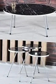 Zigon Sehpa Elips Gümüş Metal Ayak Gümüş Bendir Set ürün görseli 1