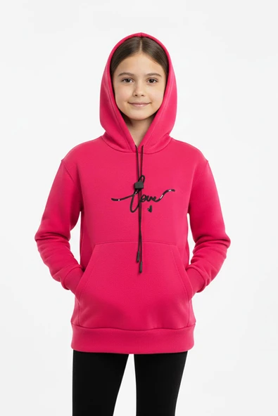Kapşonlu Love Baskılı Kanguru Cepli Kız Çocuk Sweatshirt ürün görseli 1