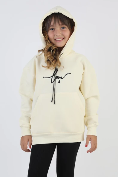 Kapşonlu Love Baskılı Kanguru Cepli Kız Çocuk Sweatshirt ürün görseli 1