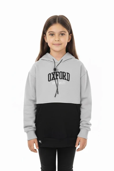 Kapşonlu Oxford Baskılı Kanguru Cepli Kız Çocuk Sweatshirt ürün görseli 1