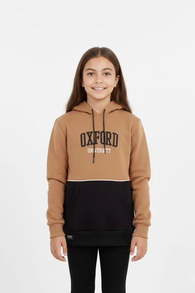Kapşonlu Oxford Baskılı Kanguru Cepli Kız Çocuk Sweatshirt ürün görseli 1
