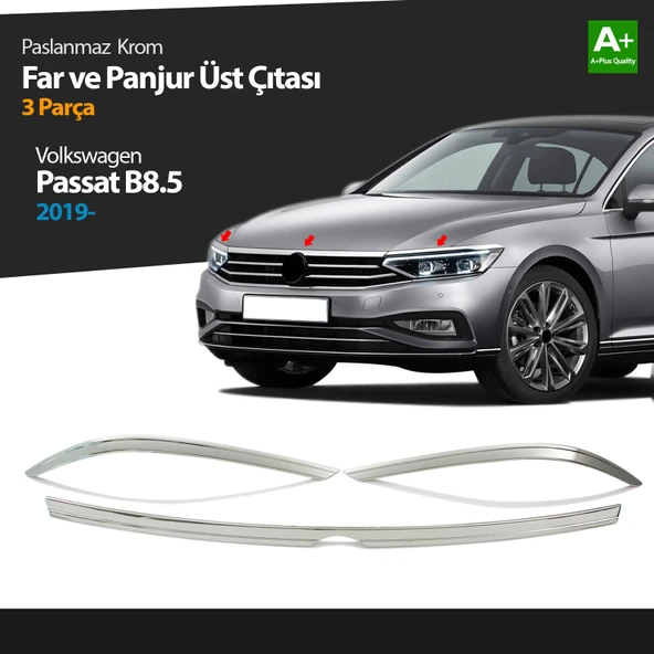 VW Passat B8.5 Krom Far Üzeri Çıta Seti 3 Parça 2019 2020 2021 2022 2023 ürün görseli 1