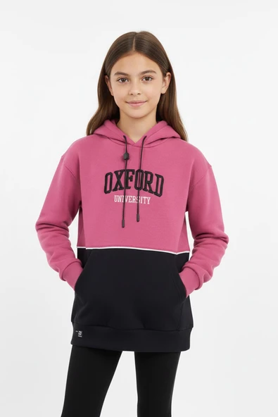 Kapşonlu Oxford Baskılı Kanguru Cepli Kız Çocuk Sweatshirt ürün görseli 1
