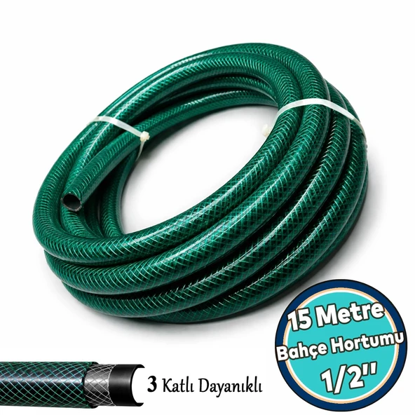 Dayanıklı 3 Katlı Sağlam Klasik Bahçe Çeşme Hortumu Su Sulama Yıkama Hortum (15 Metre) 12.5 mm 1/2" ürün görseli 1