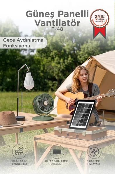 Güneş Panelli Vantilatör Şarjlı Ampüllü 5 Kademeli Taşınabilir Ayarlanabilir Kablosuz Fan F48 Yeşil ürün görseli 1
