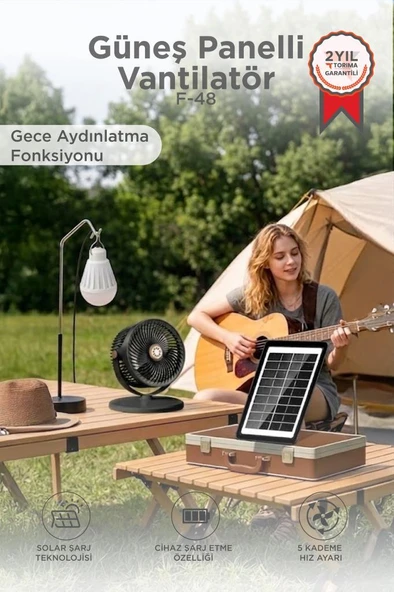 Güneş Panelli Vantilatör Şarjlı Ampüllü 5 Kademeli Taşınabilir Ayarlanabilir Kablosuz Fan F48 Siyah ürün görseli 1