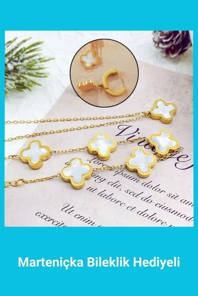 Kuşkaya Ticaret Yonca Paslanmaz Kararmaz Çelik Gold Beyaz Kolye Bileklik Küpe 3'lü Set Altın Tek Ebat ürün görseli 1