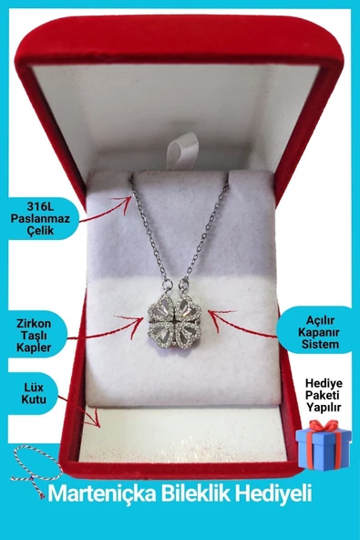 Kuşkaya Ticaret Lüx Kadife Kutuda | 4 Kalpli Yonca Kolye | Mıknatıslı | 14 Şubat Sevgililer Günü Hediyesi | Kadın Gümüş - Lüx Kadife Kutu 40-45 ürün görseli 1