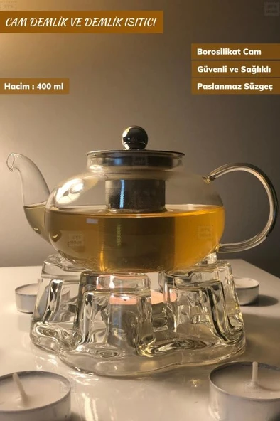2’li Set Cam Demlik ve Cam Isıtıcı Süzgeçli Demlik 400 ml Bitki Çayı Demliği Borasilikat ürün görseli 1
