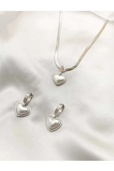 Kuşkaya Ticaret Çelik Venedik Kalp Kolye Küpe Silver Set | 14 Şubat Sevgililer Günü Hediyesi | Kadın Gümüş Tek Ebat ürün görseli 1