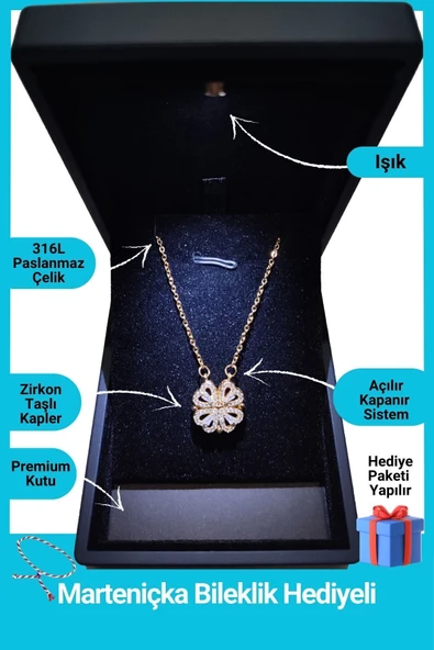 Kuşkaya Ticaret Işıklı Premium Kutuda | 4 Kalpli Yonca Kolye | Mıknatıslı | 14 Şubat Sevgililer Günü Hediyesi Altın - Işıklı Premium Kutu 40-45 ürün görseli 1