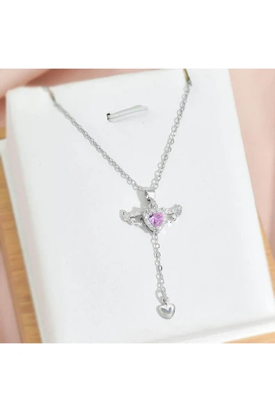 Kuşkaya Ticaret Pembe Zirkon Taşlı Melek Kanatlı Kalp Kolye | 14 Şubat Sevgililer Günü Hediyesi | Kadın Gümüş 45 cm ürün görseli 1