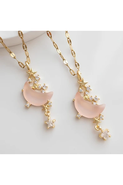 Kuşkaya Ticaret Opal Taşlı Pembe Ay Kolye Gold | 14 Şubat Sevgililer Günü Hediyesi | Kadın Standart Kutuda - Altın 40-45 ürün görseli 1