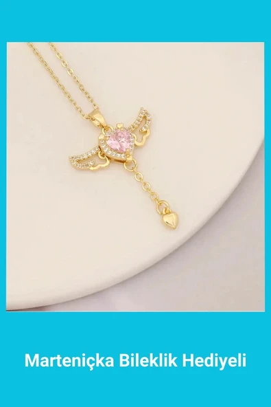 Kuşkaya Ticaret Pembe Zirkon Taşlı Melek Kanatlı Kalp Kolye | 14 Şubat Sevgililer Günü Hediyesi | Kadın Altın 45 cm ürün görseli 1