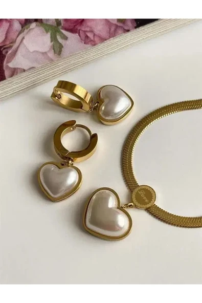Kuşkaya Ticaret Çelik Venedik Kalp Kolye Küpe Gold Set | 14 Şubat Sevgililer Günü Hediyesi | Kadın Altın Tek Ebat ürün görseli 1
