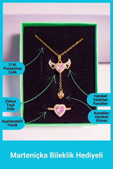 Kuşkaya Ticaret Melek Kanatlı Kolye Zirkon Taşlı Yüzük Set | 14 Şubat Sevgililer Günü Hediyesi | Kadın Altın - pembe Tek Ebat ürün görseli 1