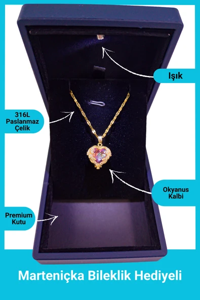 Kuşkaya Ticaret Işıklı Premium Kutuda | Zirkon Taşlı Kalp Kolye Pembe Renk | 14 Şubat Sevgililer Günü Hediyesi Pembe - Işıklı Premium Kutu Tek Ebat ürün görseli 1