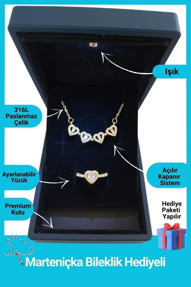 Kuşkaya Ticaret Işıklı Kutuda | 4 Kalpli Yonca Kolye Yüzük Set | Altın Renk | 14 Şubat Sevgililer Günü Hediyesi Altın Tek Ebat ürün görseli 1