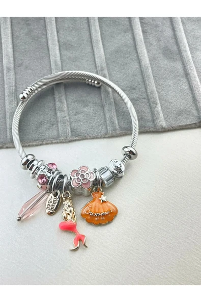 Kuşkaya Ticaret Deniz Kabuğu Charm Bileklik Çelik Silver | 14 Şubat Sevgililer Günü Hediyesi | Kadın turuncu Tek Ebat ürün görseli 1