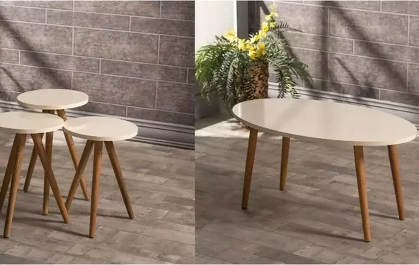 Zigon Sehpa Ve Orta Sehpa Set Ahşap Torna Elips Krem ürün görseli 1