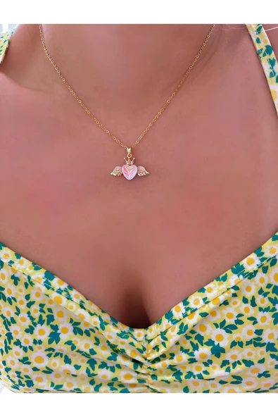 Kuşkaya Ticaret Kanatlı Pembe Kalp Kolye | 14 Şubat Sevgililer Günü Hediyesi | Kadın Standart Kutuda - Pembe 40-45 ürün görseli 1