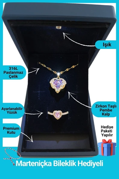 Kuşkaya Ticaret Işıklı Kutuda | Pembe Okyanus Kalbi Yüzük Set | 14 Şubat Sevgililer Günü Hediyesi | Kadın Pembe Tek Ebat ürün görseli 1