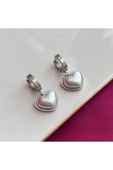 Kuşkaya Ticaret Çelik Venedik Kalp Küpe Silver | 14 Şubat Sevgililer Günü Hediyesi | Kadın Gümüş Tek Ebat ürün görseli 1