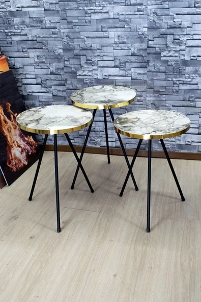 Zigon Sehpa 3'lü Siyah Metal Ayak Altın Efes 1067 ürün görseli 1
