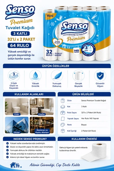 Senso Premium Tuvalet Kağıdı 3 Katlı 32'li x 2 Paket 64 Rulo ürün görseli 1