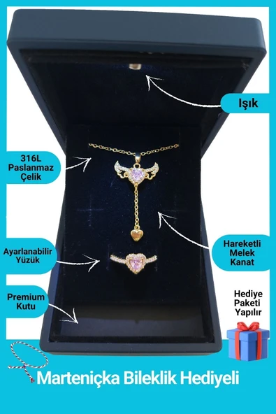 Kuşkaya Ticaret Işıklı Kutuda | Melek Kanatlı Kolye Yüzük Set | Altın Renk | 14 Şubat Sevgililer Günü Hediyesi Altın Tek Ebat ürün görseli 1
