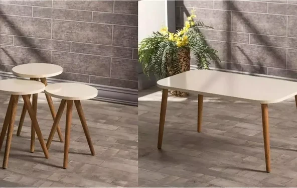 Zigon Sehpa Ve Orta Sehpa Set Ahşap Kr Torna Krem ürün görseli 1