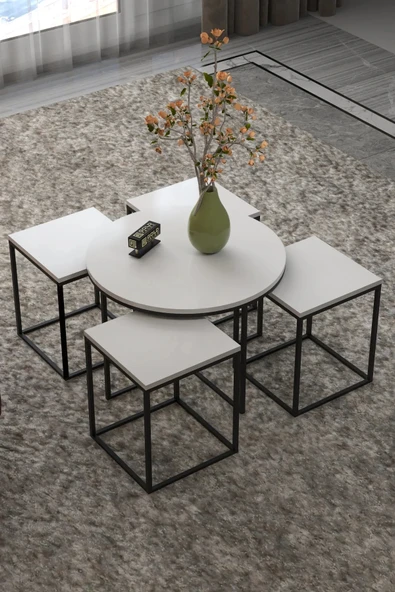 Orta Sehpa Ve Zigon Sehpa Oval Lüx 5'Li Set Beyaz ürün görseli 1