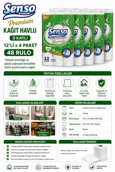 Senso Premium Kağıt Havlu 3 Katlı 12'li x 4 Paket 48 Rulo ürün görseli 1